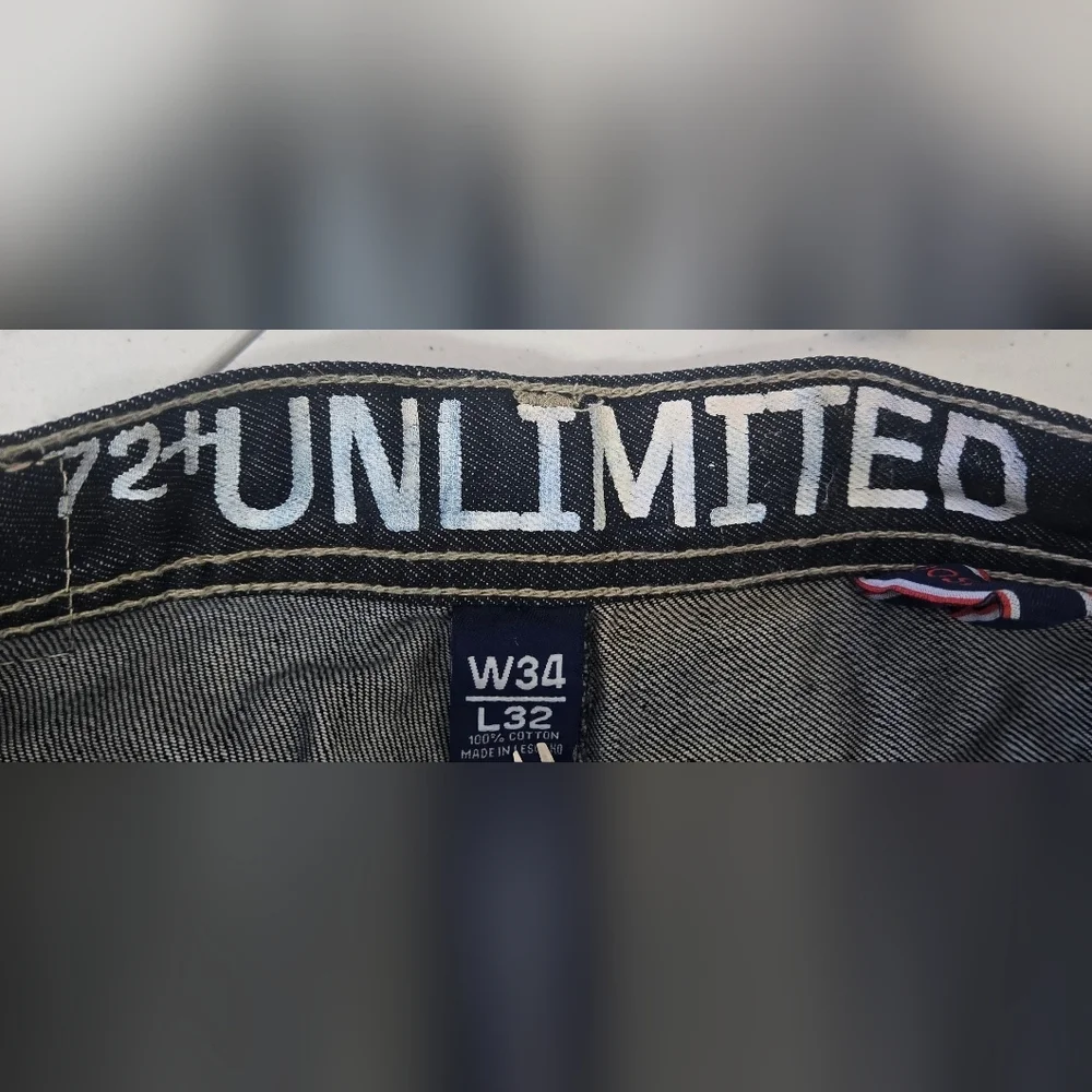 Ecko Unlimited Men's 72+ Loose Fit Jeans Blue/Black Grunge Y2K Skater, 34/32